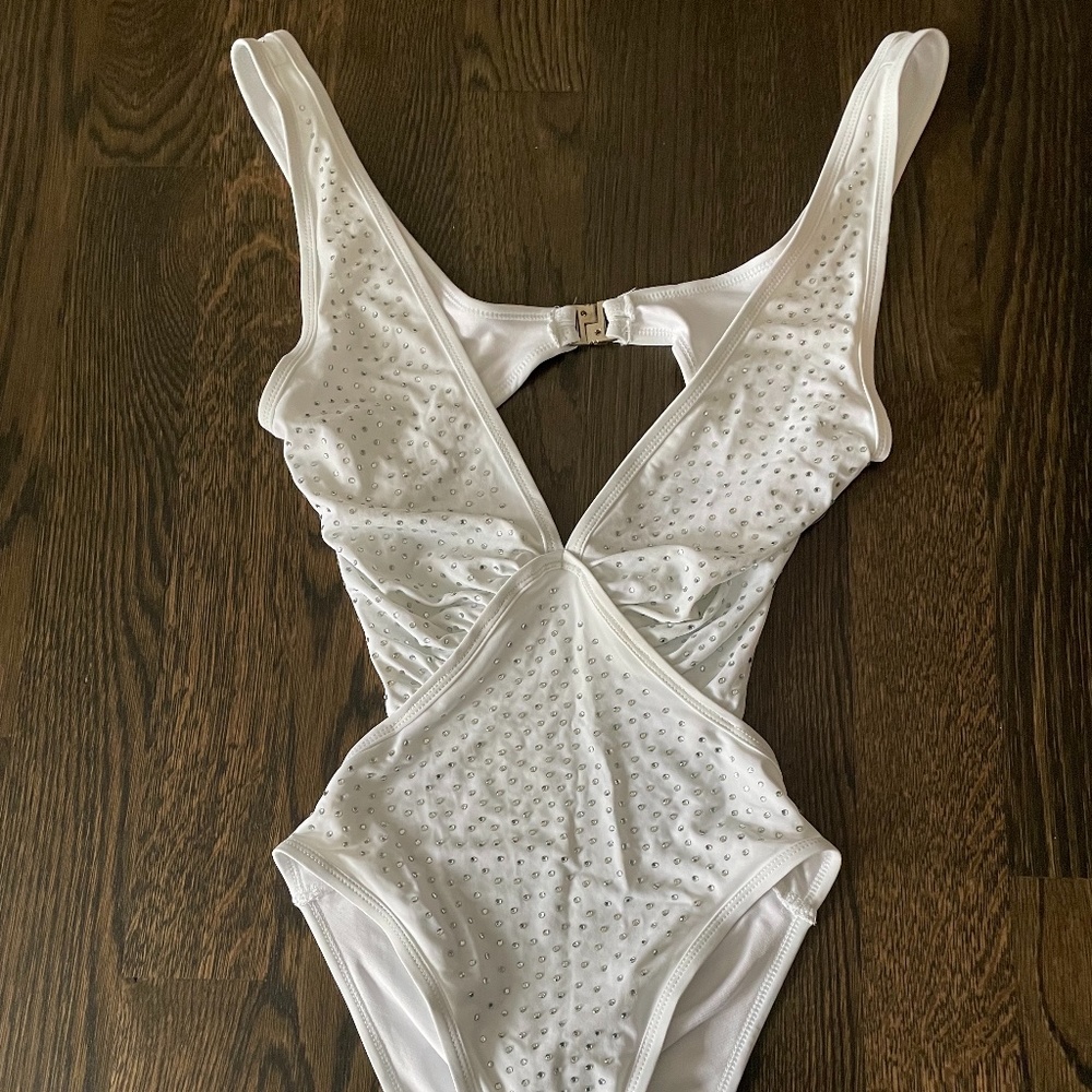 White Rhinestone One Piece Bathing Suit